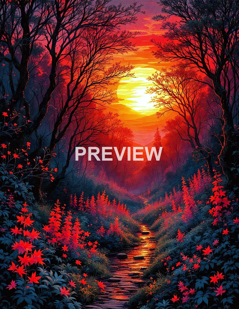 A vibrant, colorful painting of a sunset over a forest with a small stream running through the middle, surrounded by leafless trees and bright red foliage.